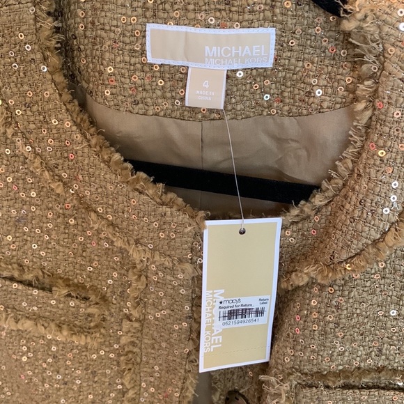 NWT Michael Kors Sequin Gold Tan Camel Fringe Trim Chic Jacket Size 4 MSRP $198 - Picture 3 of 12